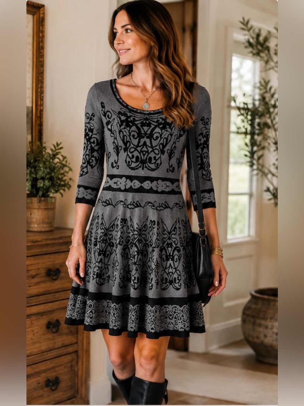 J. Taylor Gray Black Ornate Jacquard Knit Fit & Flare Dress Medium
